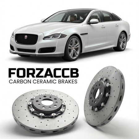 ForzaCCB direct OEM replacement carbon ceramic brake rotors for 2015-2019) Jaguar XJ Long (X351 facelift 2015 models, shown with a white Jaguar XJ car.