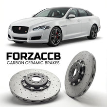 ForzaCCB direct OEM replacement carbon ceramic brake rotors for 2015 to 2019 Jaguar XJ X351 facelift 2015 models, shown with a white Jaguar XJ car.