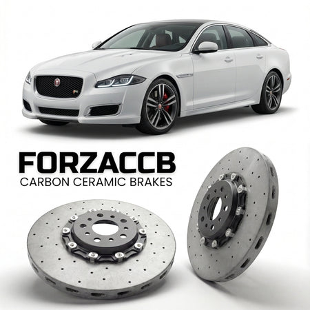 ForzaCCB direct OEM replacement carbon ceramic brake rotors for 2015 to 2019 Jaguar XJ X351 facelift 2015 models, shown with a white Jaguar XJ car.