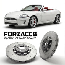 ForzaCCB direct OEM replacement carbon ceramic brake rotors for 2005-2005) Jaguar XK Convertible (X100 models, shown with a white Jaguar XK car.