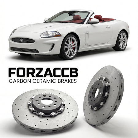 ForzaCCB direct OEM replacement carbon ceramic brake rotors for 2005-2005) Jaguar XK Convertible (X100 models, shown with a white Jaguar XK car.