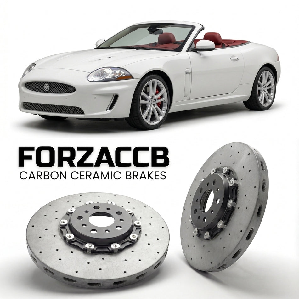 ForzaCCB direct OEM replacement carbon ceramic brake rotors for 2005-2005) Jaguar XK Convertible (X100 models, shown with a white Jaguar XK car.