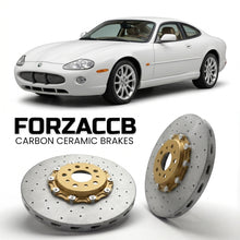 ForzaCCB direct OEM replacement carbon ceramic brake rotors for 2005-2005) Jaguar XK Coupe (X100 models, shown with a white Jaguar XK car.