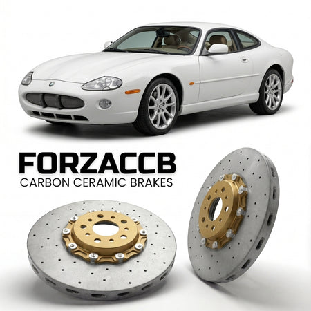 ForzaCCB direct OEM replacement carbon ceramic brake rotors for 2005-2005) Jaguar XK Coupe (X100 models, shown with a white Jaguar XK car.