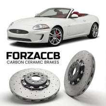 ForzaCCB direct OEM replacement carbon ceramic brake rotors for 2006-2009) Jaguar XK Convertible (X150 models, shown with a white Jaguar XK car.