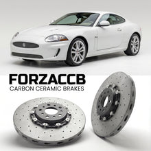 ForzaCCB direct OEM replacement carbon ceramic brake rotors for 2006-2009) Jaguar XK Coupe (X150 models, shown with a white Jaguar XK car.