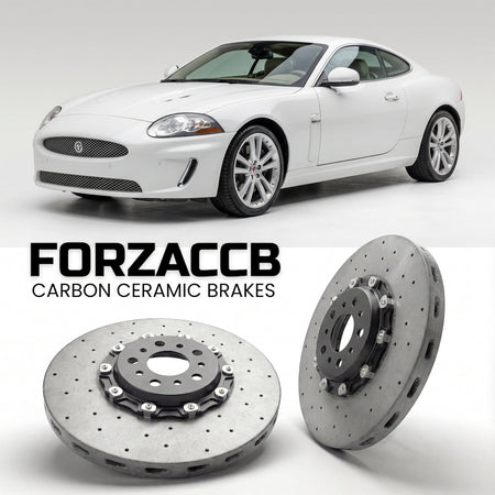 ForzaCCB direct OEM replacement carbon ceramic brake rotors for 2006-2009) Jaguar XK Coupe (X150 models, shown with a white Jaguar XK car.