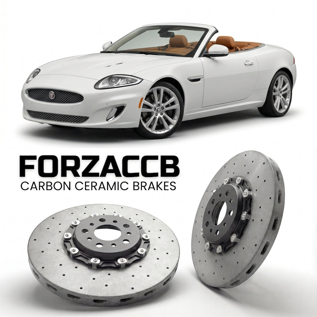 ForzaCCB direct OEM replacement carbon ceramic brake rotors for 2009-2011) Jaguar XK Convertible (X150, facelift 2009 models, shown with a white Jaguar XK car.