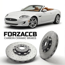 ForzaCCB direct OEM replacement carbon ceramic brake rotors for 2009-2011) Jaguar XK Convertible (X150, facelift 2009 models, shown with a white Jaguar XK car.
