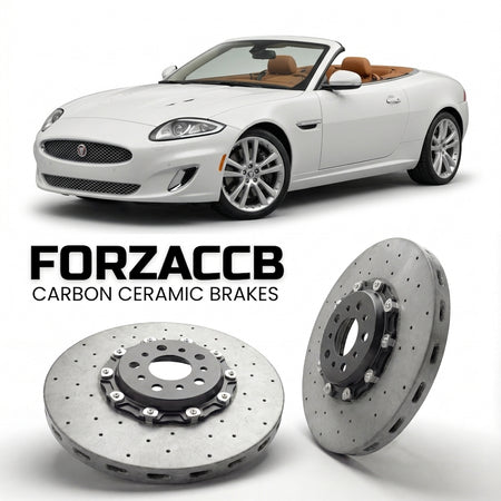 ForzaCCB direct OEM replacement carbon ceramic brake rotors for 2009-2011) Jaguar XK Convertible (X150, facelift 2009 models, shown with a white Jaguar XK car.