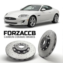 ForzaCCB direct OEM replacement carbon ceramic brake rotors for 2009-2011) Jaguar XK Coupe (X150, facelift 2009 models, shown with a white Jaguar XK car.