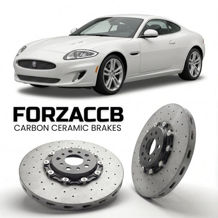ForzaCCB direct OEM replacement carbon ceramic brake rotors for 2009-2011) Jaguar XK Coupe (X150, facelift 2009 models, shown with a white Jaguar XK car.