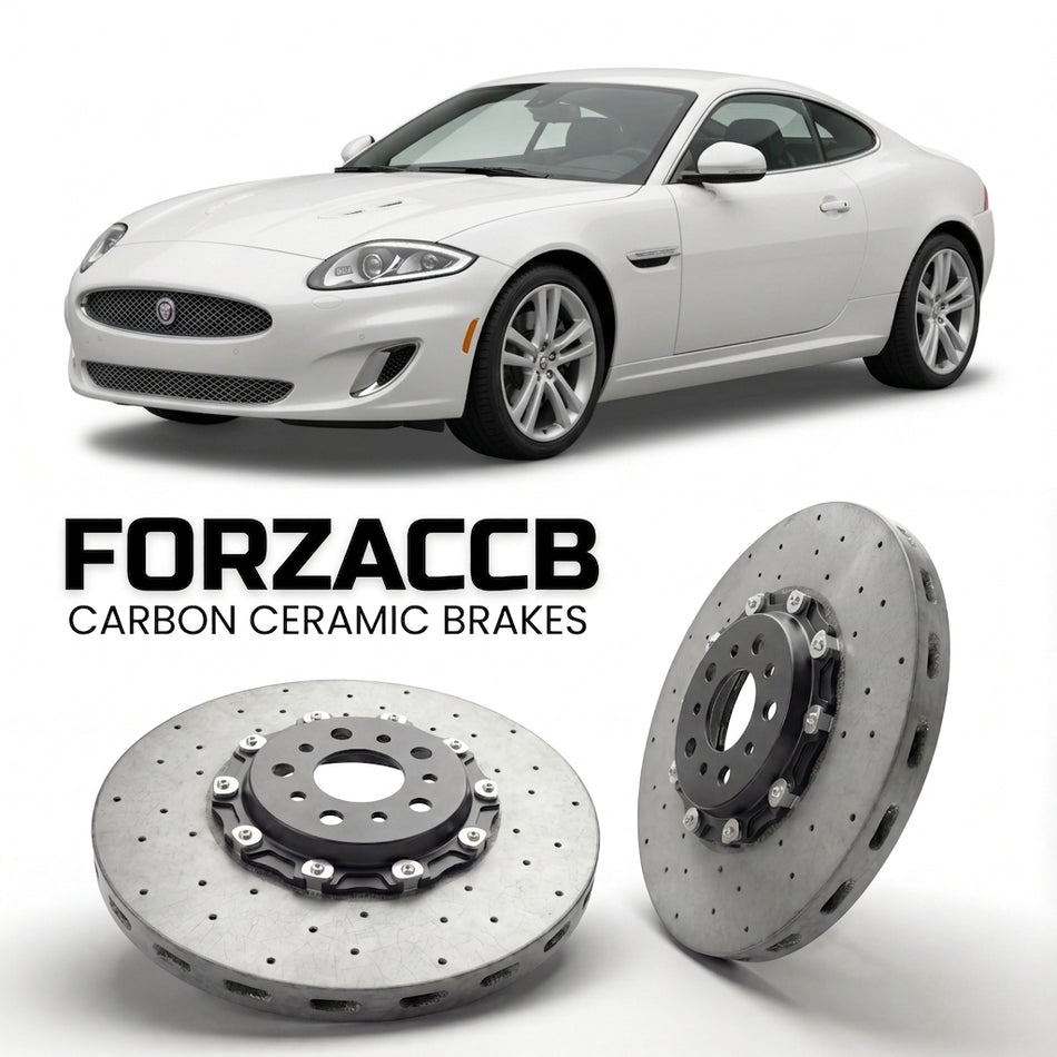 ForzaCCB direct OEM replacement carbon ceramic brake rotors for 2009-2011) Jaguar XK Coupe (X150, facelift 2009 models, shown with a white Jaguar XK car.