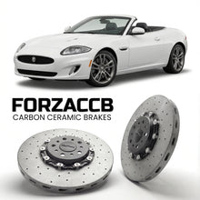 ForzaCCB direct OEM replacement carbon ceramic brake rotors for 2011-2014) Jaguar XK Convertible (X150, facelift 2011 models, shown with a white Jaguar XK car.