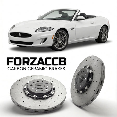 ForzaCCB direct OEM replacement carbon ceramic brake rotors for 2011-2014) Jaguar XK Convertible (X150, facelift 2011 models, shown with a white Jaguar XK car.