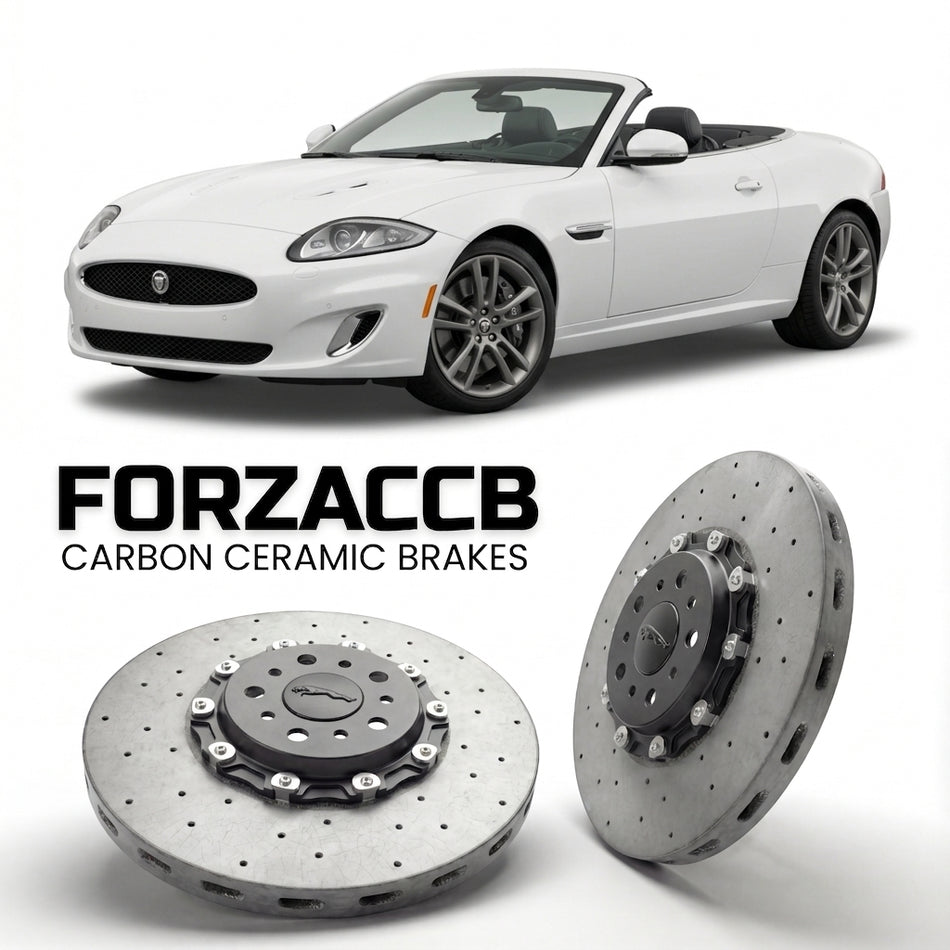 ForzaCCB direct OEM replacement carbon ceramic brake rotors for 2011-2014) Jaguar XK Convertible (X150, facelift 2011 models, shown with a white Jaguar XK car.