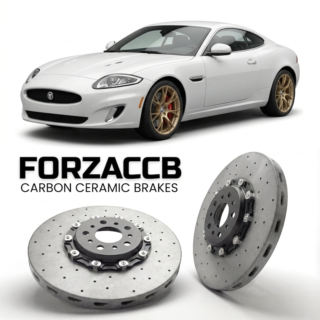ForzaCCB direct OEM replacement carbon ceramic brake rotors for 2011-2014) Jaguar XK Coupe (X150, facelift 2011 models, shown with a white Jaguar XK car.