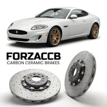 ForzaCCB direct OEM replacement carbon ceramic brake rotors for 2011-2014) Jaguar XK Coupe (X150, facelift 2011 models, shown with a white Jaguar XK car.