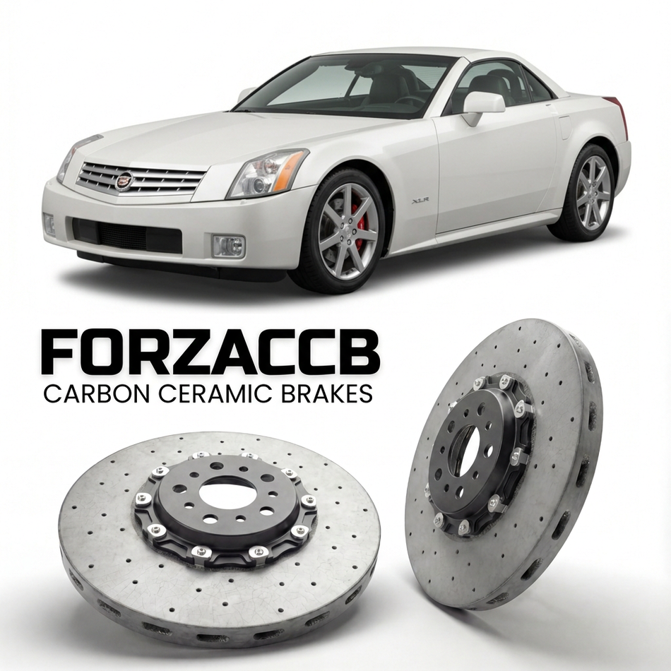 ForzaCCB direct OEM replacement carbon ceramic brake rotors for 2005 to 2009 Cadillac XLR models, shown with a white Cadillac XLR car.