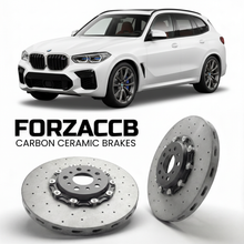 ForzaCCB direct OEM replacement carbon ceramic brake rotors for 2022 and newer BMW XM G09 models, shown with a white BMW XM car.