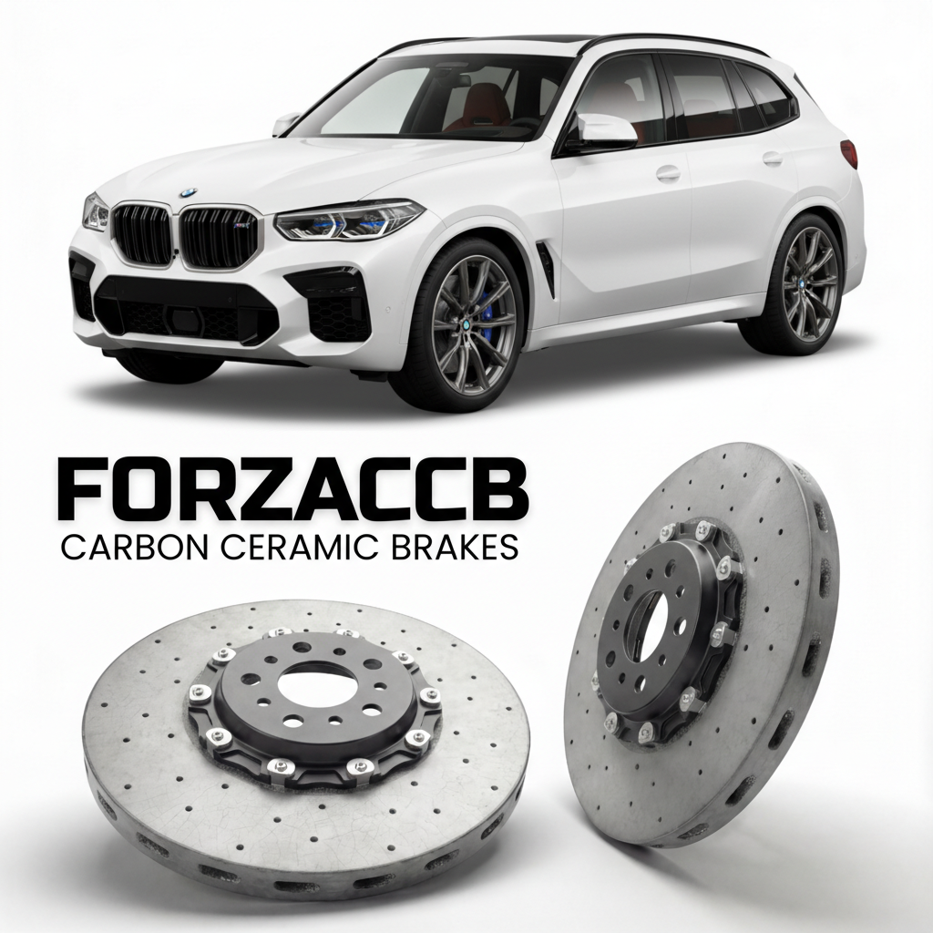 ForzaCCB direct OEM replacement carbon ceramic brake rotors for 2022 and newer BMW XM G09 models, shown with a white BMW XM car.