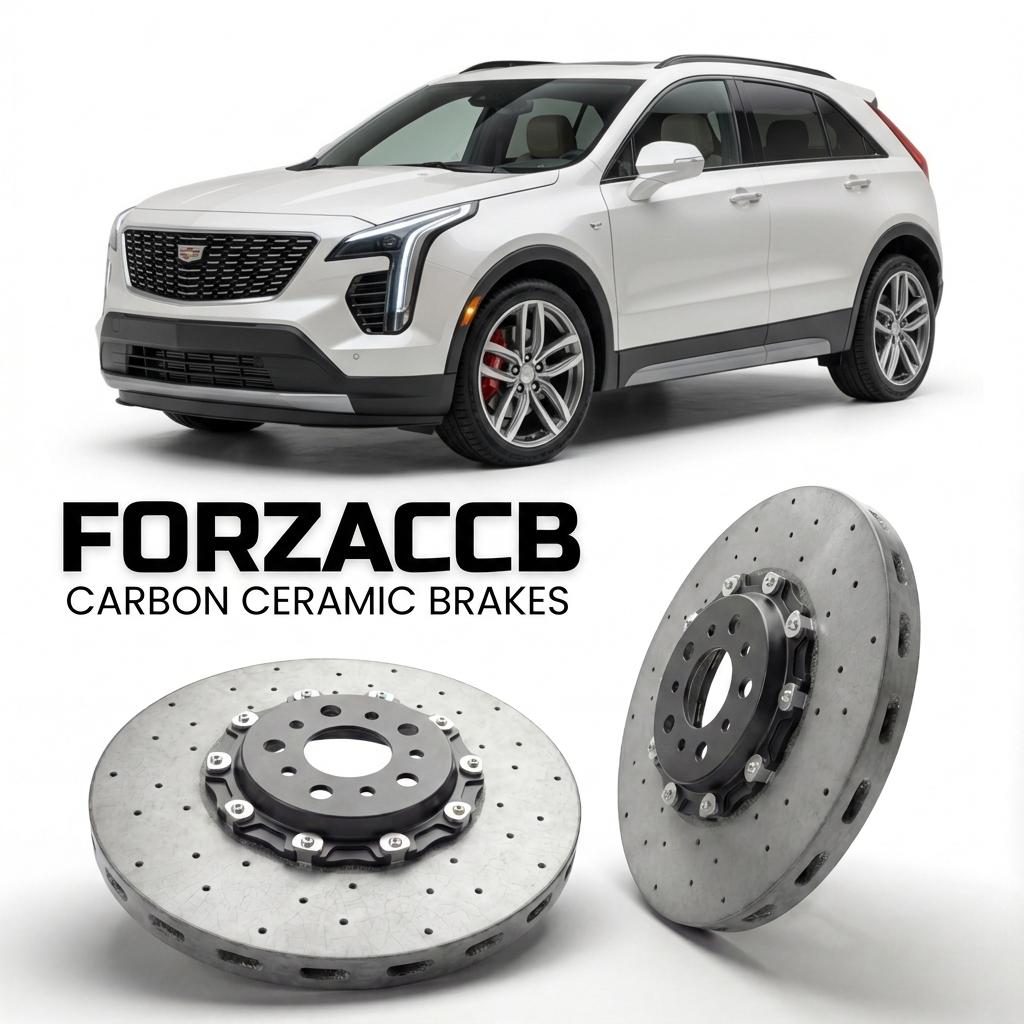 ForzaCCB direct OEM replacement carbon ceramic brake rotors for 2018 and newer Cadillac XT4 models, shown with a white Cadillac XT4 car.
