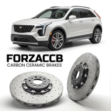 ForzaCCB direct OEM replacement carbon ceramic brake rotors for 2018 and newer Cadillac XT4 models, shown with a white Cadillac XT4 car.