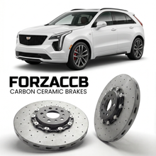 ForzaCCB direct OEM replacement carbon ceramic brake rotors for 2023+) Cadillac XT4 I (facelift 2024 models, shown with a white Cadillac XT4 car.