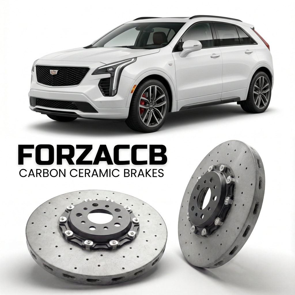 ForzaCCB direct OEM replacement carbon ceramic brake rotors for 2023+) Cadillac XT4 I (facelift 2024 models, shown with a white Cadillac XT4 car.