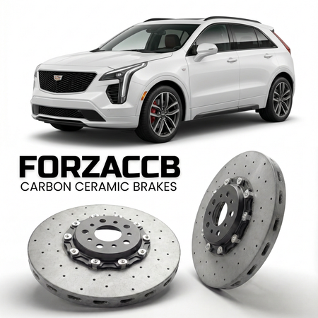ForzaCCB direct OEM replacement carbon ceramic brake rotors for 2023+) Cadillac XT4 I (facelift 2024 models, shown with a white Cadillac XT4 car.