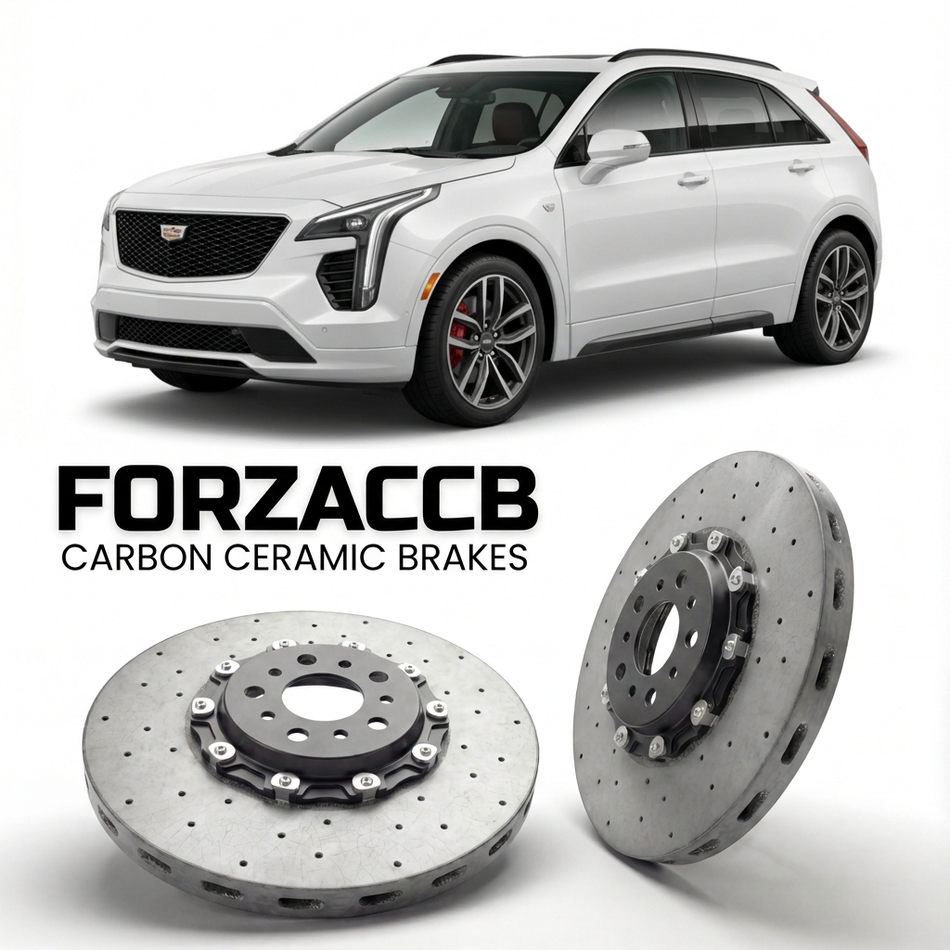 ForzaCCB direct OEM replacement carbon ceramic brake rotors for 2023+) Cadillac XT4 I (facelift 2024 models, shown with a white Cadillac XT4 car.