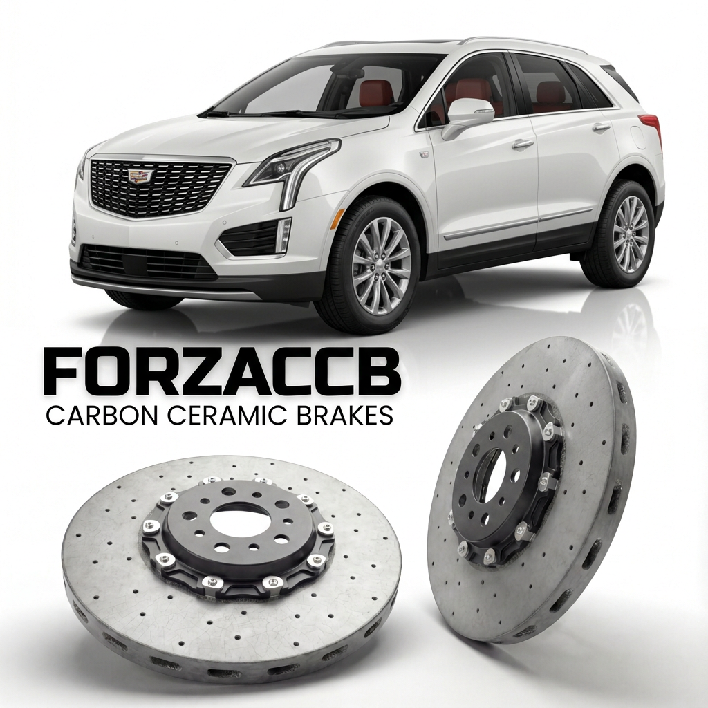 ForzaCCB direct OEM replacement carbon ceramic brake rotors for 2016 to 2020 Cadillac XT5 models, shown with a white Cadillac XT5 car.