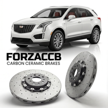 ForzaCCB direct OEM replacement carbon ceramic brake rotors for 2016 to 2020 Cadillac XT5 models, shown with a white Cadillac XT5 car.