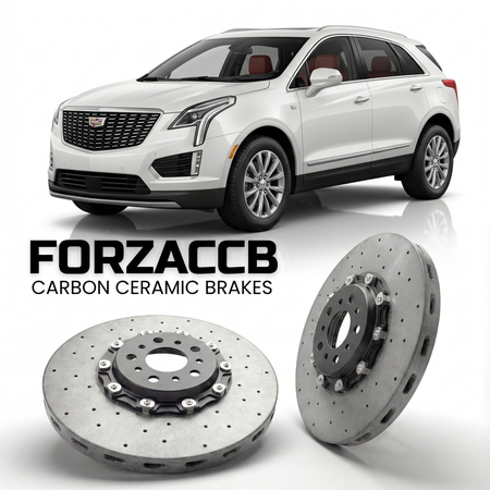 ForzaCCB direct OEM replacement carbon ceramic brake rotors for 2016 to 2020 Cadillac XT5 models, shown with a white Cadillac XT5 car.