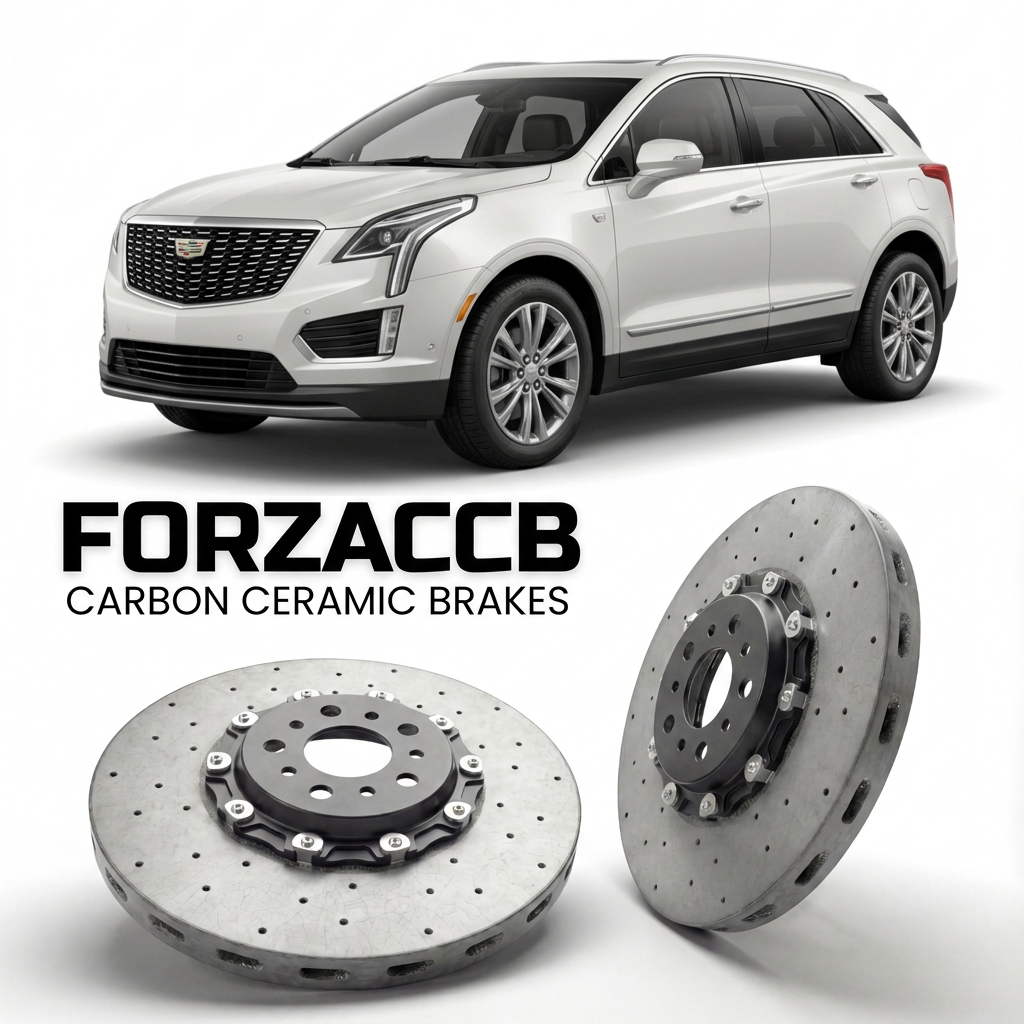 ForzaCCB direct OEM replacement carbon ceramic brake rotors for 2020 and newer Cadillac XT5 facelift 2020 models, shown with a white Cadillac XT5 car.