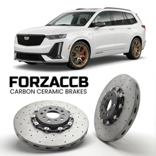 ForzaCCB direct OEM replacement carbon ceramic brake rotors for 2019 and newer Cadillac XT6 models, shown with a white Cadillac XT6 car.
