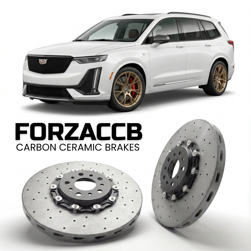 ForzaCCB direct OEM replacement carbon ceramic brake rotors for 2019 and newer Cadillac XT6 models, shown with a white Cadillac XT6 car.