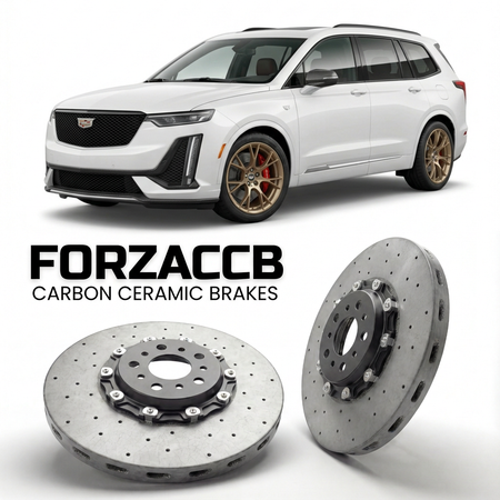 ForzaCCB direct OEM replacement carbon ceramic brake rotors for 2019 and newer Cadillac XT6 models, shown with a white Cadillac XT6 car.