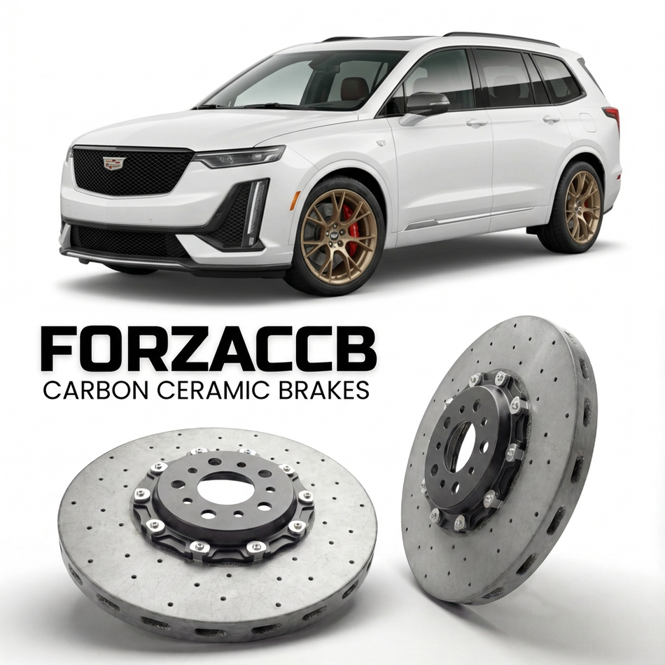 ForzaCCB direct OEM replacement carbon ceramic brake rotors for 2019 and newer Cadillac XT6 models, shown with a white Cadillac XT6 car.