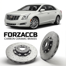 ForzaCCB direct OEM replacement carbon ceramic brake rotors for 2012 to 2017 Cadillac XTS models, shown with a white Cadillac XTS car.