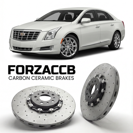 ForzaCCB direct OEM replacement carbon ceramic brake rotors for 2012 to 2017 Cadillac XTS models, shown with a white Cadillac XTS car.