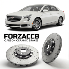 ForzaCCB direct OEM replacement carbon ceramic brake rotors for 2017 to 2020 Cadillac XTS facelift 2017 models, shown with a white Cadillac XTS car.
