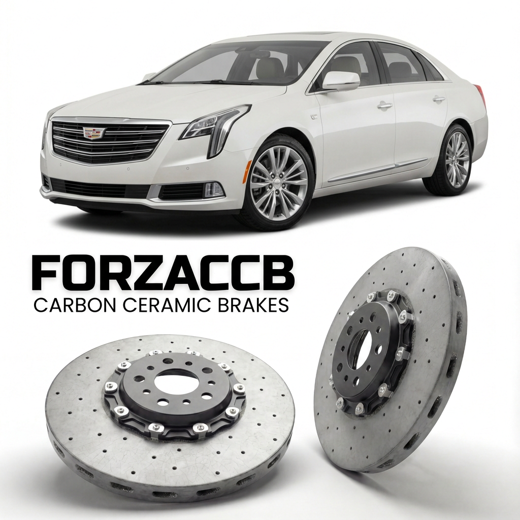 ForzaCCB direct OEM replacement carbon ceramic brake rotors for 2017 to 2020 Cadillac XTS facelift 2017 models, shown with a white Cadillac XTS car.