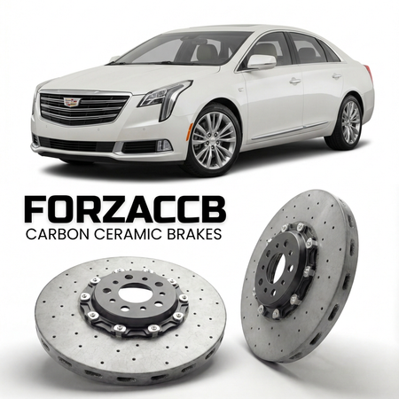 ForzaCCB direct OEM replacement carbon ceramic brake rotors for 2017 to 2020 Cadillac XTS facelift 2017 models, shown with a white Cadillac XTS car.