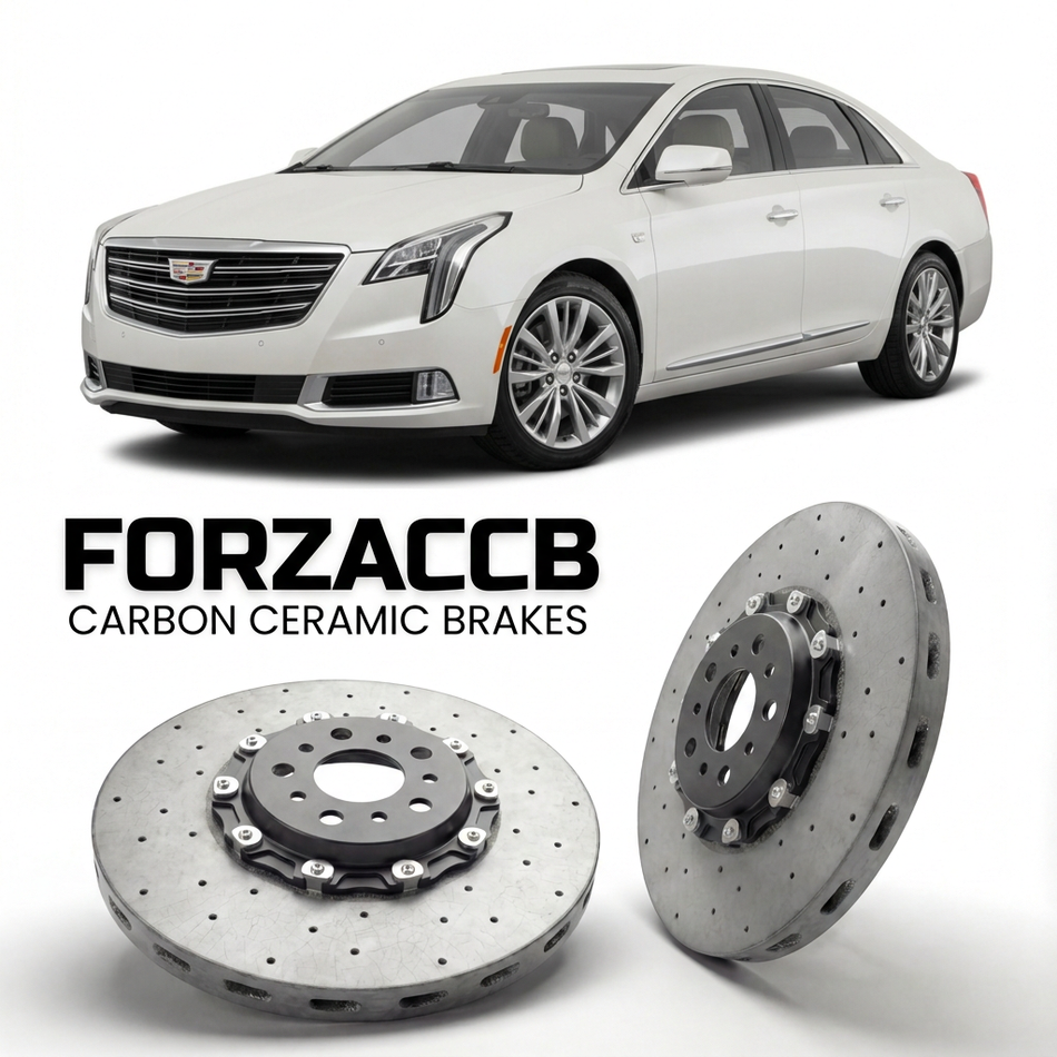 ForzaCCB direct OEM replacement carbon ceramic brake rotors for 2017 to 2020 Cadillac XTS facelift 2017 models, shown with a white Cadillac XTS car.
