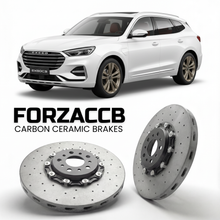 ForzaCCB direct OEM replacement carbon ceramic brake rotors for 2023 and newer Exeed Yaoguang models, shown with a white Exeed Yaoguang car.