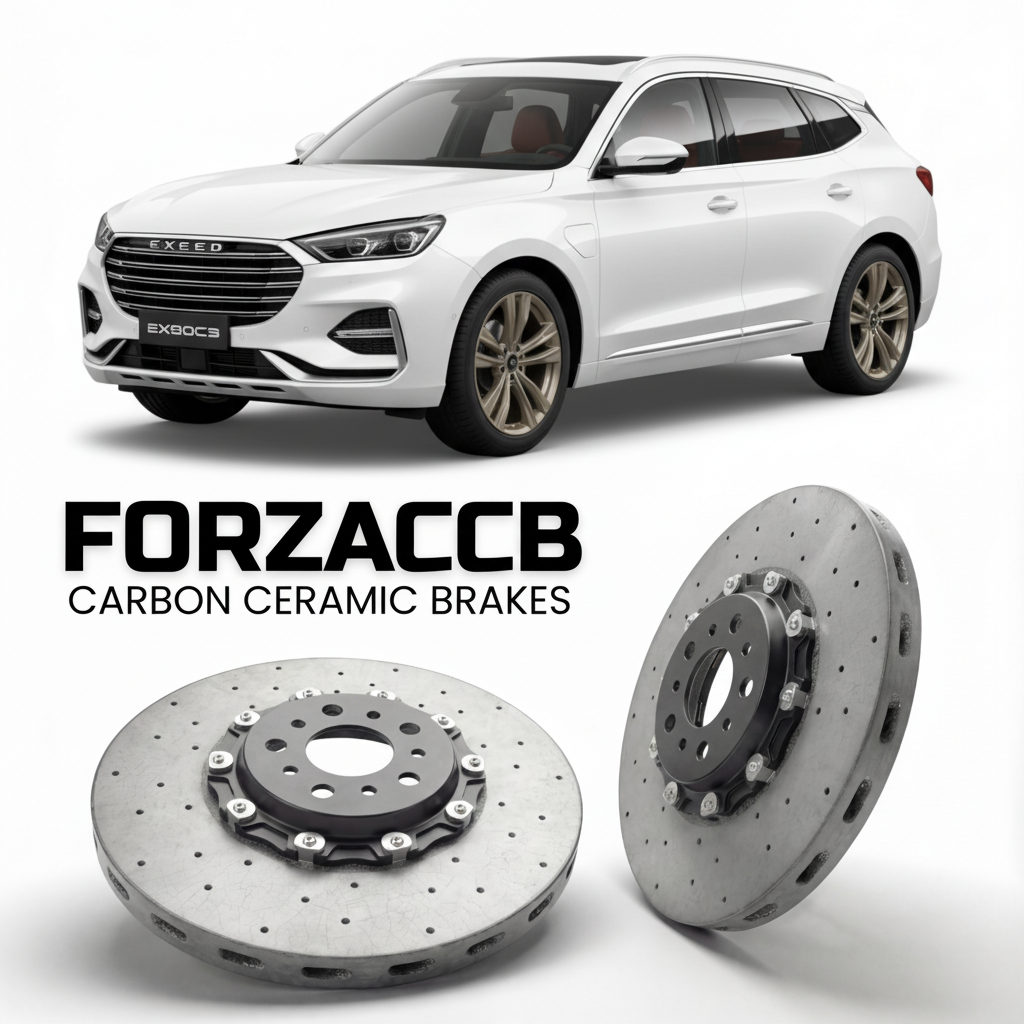 ForzaCCB direct OEM replacement carbon ceramic brake rotors for 2023 and newer Exeed Yaoguang models, shown with a white Exeed Yaoguang car.