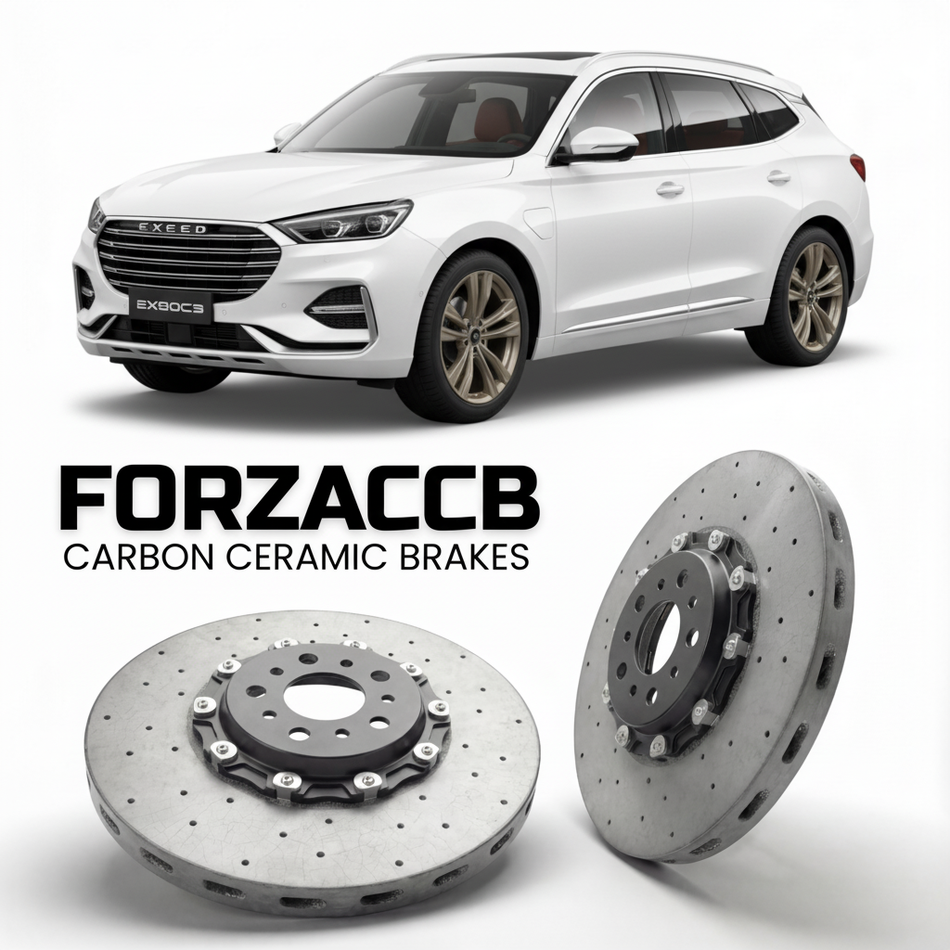 ForzaCCB direct OEM replacement carbon ceramic brake rotors for 2023 and newer Exeed Yaoguang models, shown with a white Exeed Yaoguang car.
