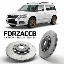 ForzaCCB direct OEM replacement carbon ceramic brake rotors for 2013 to 2018 Skoda Yeti 5L models, shown with a white Skoda Yeti car.