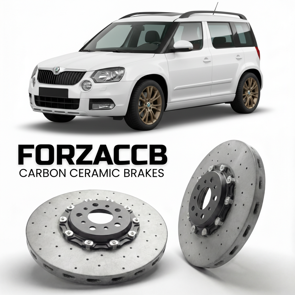 ForzaCCB direct OEM replacement carbon ceramic brake rotors for 2013 to 2018 Skoda Yeti 5L models, shown with a white Skoda Yeti car.
